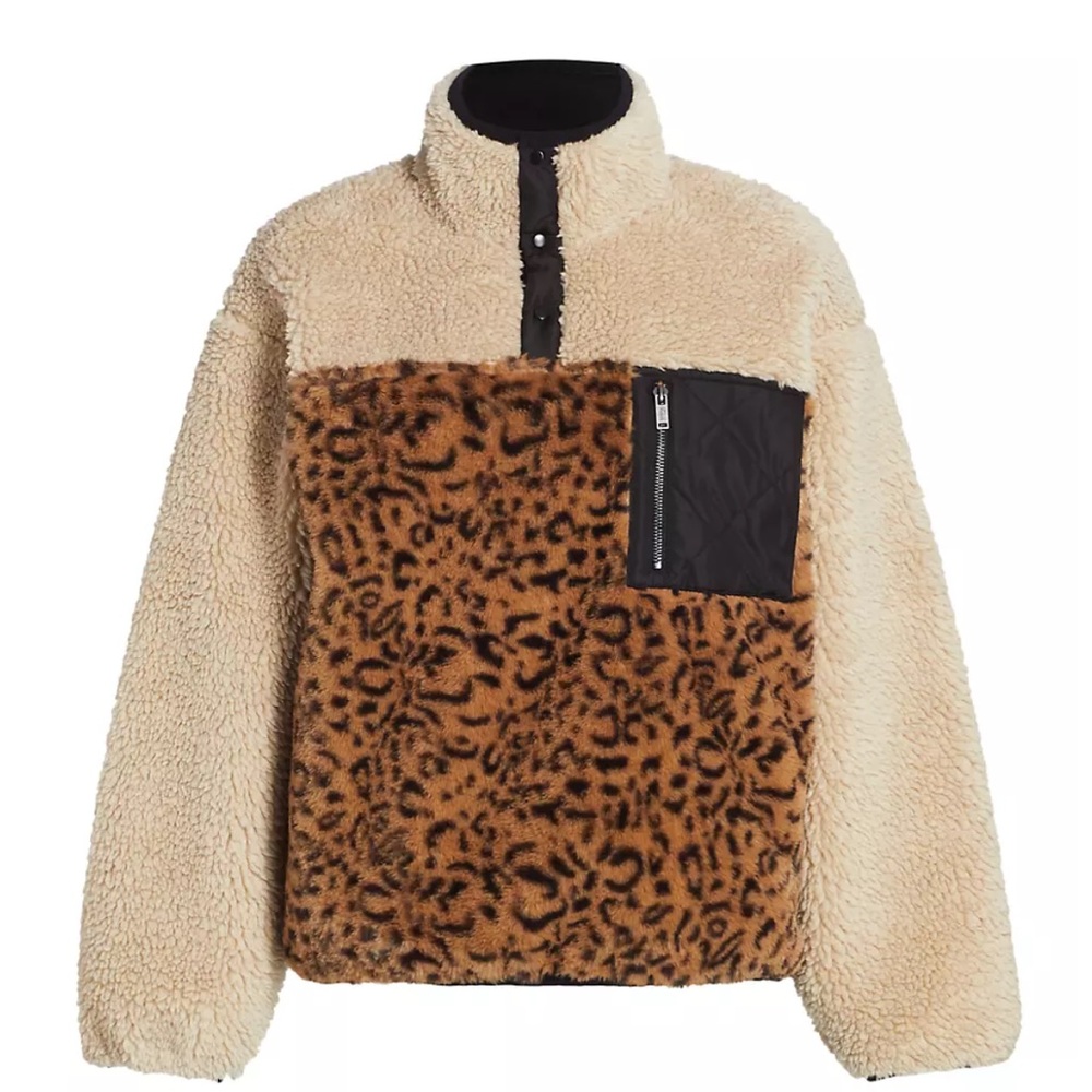 RAILS Saga Leopard Print Teddy Quarter Button Pull Over Jacket